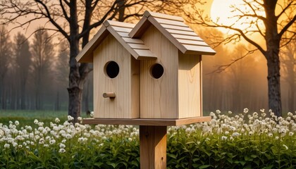 Wooden Birdhouse in a Field of Flowers at Sunset.