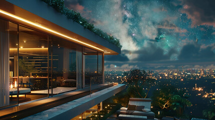 Urban penthouse with sleek glass walls, city lights reflecting, and a rooftop garden under a starry sky