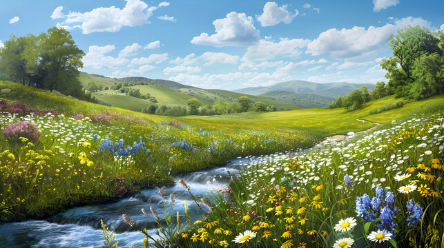 Verdant spring meadow dotted with wildflowers, a gentle stream flowing under a bright blue sky, rolling hills in the background