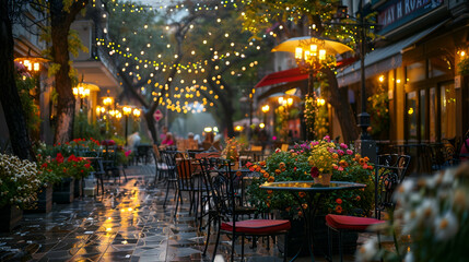 Obraz premium Vibrant city plaza with cozy outdoor cafes, wrought iron tables and chairs, surrounded by blooming flowers and fairy lights