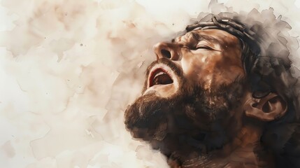 Obraz premium A dramatic watercolor painting of a man looking upwards with a pained expression, evoking a strong emotional response.