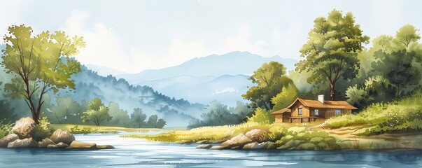 Fototapeta premium Peaceful riverside cabin with lush greenery and mountains in the background, perfect for nature lovers and outdoor enthusiasts.