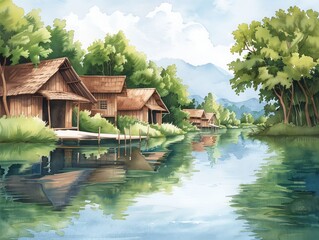 Fototapeta premium Peaceful riverside village with wooden houses, lush greenery, and calm water reflecting the blue sky and mountains in the background.