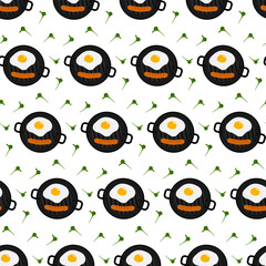 Fried egg with yolk, sausage and greens in cast iron grill pan Seamless pattern. Isolated on white