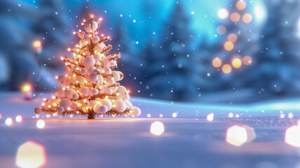 A serene snowy Christmas scene with a beautifully decorated tree, twinkling lights, and a backdrop of snow-covered trees.
