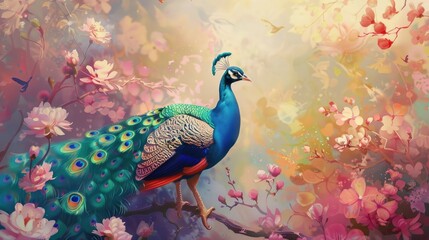 Elegant peacock amidst blooming flowers in a radiant, heavenly paradise