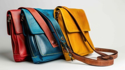 Stylish multi colored purse crossbody bag with long strap for women on a white backdrop Group of four attractive bags displayed