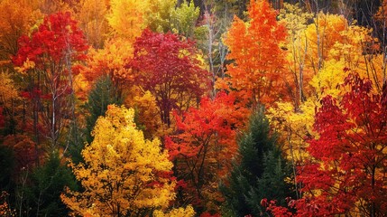 Forest scene with a variety of trees in brilliant fall colors