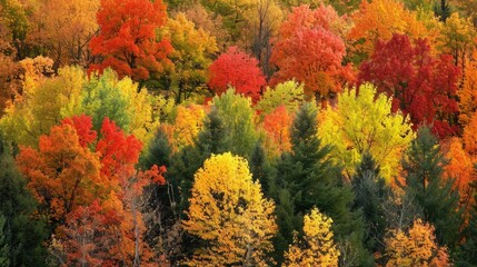 Forest scene with a variety of trees in brilliant fall colors