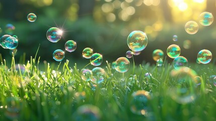 Group of colorful bubbles hovering over a grassy meadow