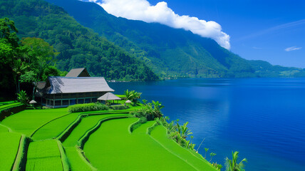 Fototapeta premium A breathtaking view of rice terraces and a serene lake surrounded by lush green mountains and traditional architecture. 