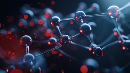 Close-up of Molecular Structure with Red and Blue Lighting in a Dark Background