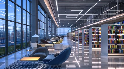 modern corporate library with sleek shelves, digital catalogs, and comfortable reading nooks