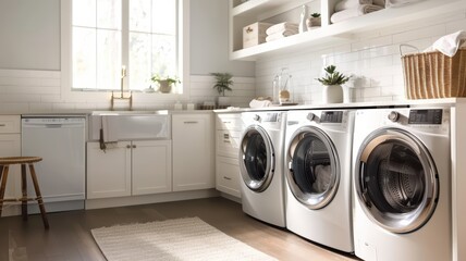 Modern Laundry Room with White Cabinets, Front-Loading Washers, and Natural Light from Large Window