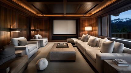 Luxurious Modern Home Theater with Cozy Seating and Scenic Mountain View at Dusk