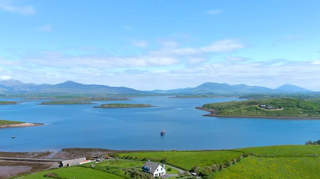 Aerial panorama of Clew Bay's archipelago of islands, partly drowned limestone drumlins formed by glacier. Aka Cuan Modha, one of nature's greatest spectacles when viewed from above. Co. Mayo, Ireland