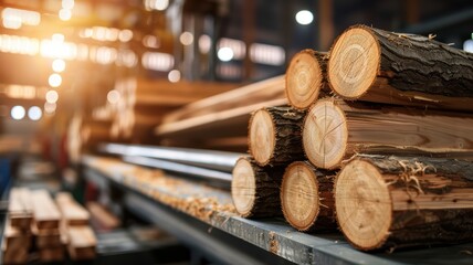 Freshly Cut Logs Stacked in a Sawmill with Sunlight Streaming Through Windows in the Background