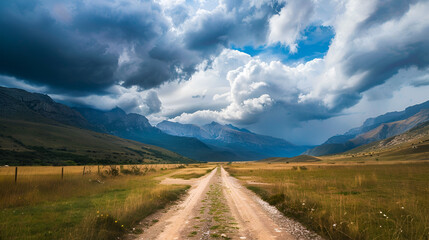 Scenic landscape with dirt road and mountains under a cloudy sky