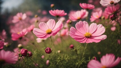 Pink Cosmos Field: A vibrant field of pink cosmos flowers basks in the warm glow of the sun, creating a beautiful and serene scene. Their delicate petals dance in the gentle breeze, evoking a sense of