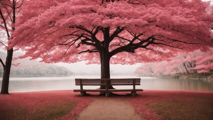 Pink Paradise: A solitary bench sits beneath a vibrant pink tree, inviting contemplation in a surreal, dreamlike landscape. The tranquility of the scene is enhanced by the misty lake in the background