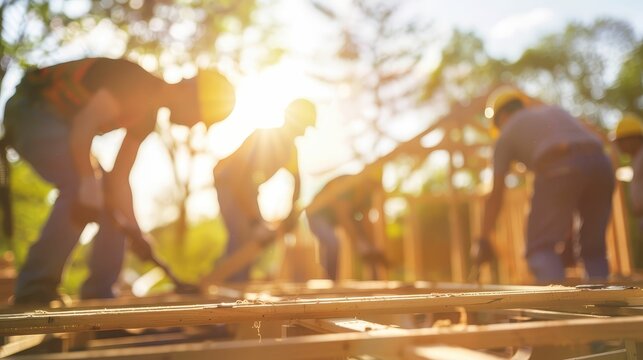 Group of volunteers building a house, community, giving back
