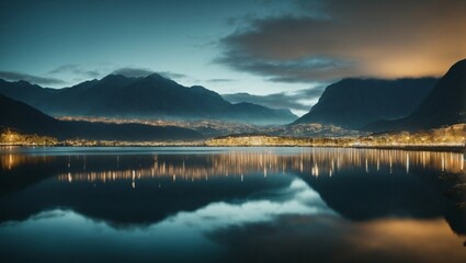 Alpine Reflections at Twilight: A serene lake mirrors the majestic mountains and twinkling city lights in a captivating twilight panorama.