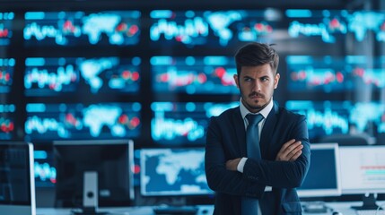Fototapeta premium A confident stock trader stands with folded arms in a high-tech control room, monitoring multiple financial data screens. 