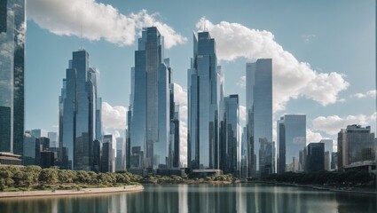 Fototapeta premium Modern Metropolis Reflections: Sleek skyscrapers soar above a serene waterfront, reflecting in the tranquil waters under a vibrant sky.