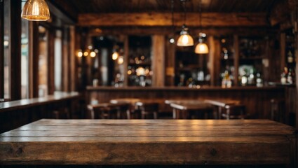 Obraz premium Rustic Pub Interior: A Warm and Inviting Bar Scene with a Wooden Table in Focus. 