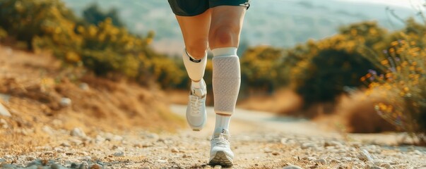 Woman running on a trail with a blade prosthetic leg, prosthetics,