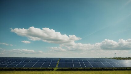 Solar Power Field: A panoramic view of a vast solar farm, its panels stretching across a grassy field under a bright blue sky, showcasing the potential of renewable energy. 