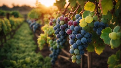 Golden Hour Grapes: Ripe, juicy grapes hang heavy on a vine, bathed in the warm glow of the setting sun. The vineyard stretches out in the background, a testament to the beauty and bounty of nature.  