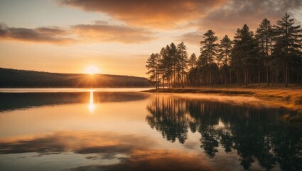 Fototapeta premium Golden Hour Serenity: Tranquil lake reflects a vibrant sunrise, silhouetted pines frame the breathtaking vista. 