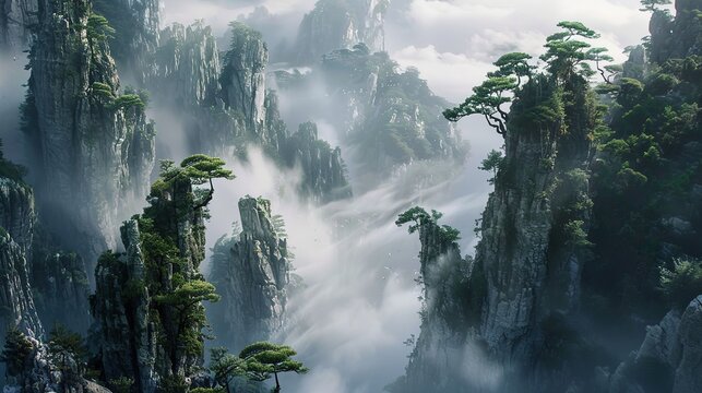 Cinematic Poster of the Mystical Tjang Dzen Flying Mountains in China