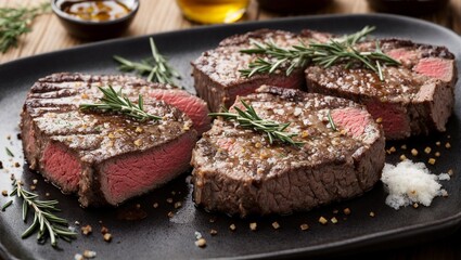 Perfectly Seared Steak with Rosemary: A mouthwatering close-up of three perfectly seared steak cuts on a black platter, garnished with fresh rosemary sprigs and a sprinkle of sea salt. The rich, juicy