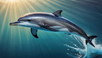 Obraz premium Dolphin leaping out of water with sun rays.