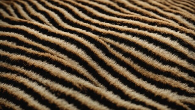 Stripes of Majesty:  A close-up view of a tiger's fur, revealing a mesmerizing pattern of black and brown stripes against a golden backdrop. The intricate details of the fur create a sense of wild bea