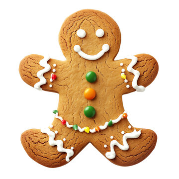 Delightful gingerbread man cookie decorated with colorful candies and icing, perfect for festive holiday and Christmas themes.