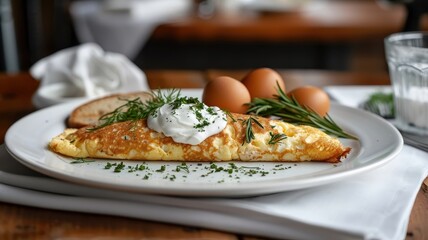 A delicate sea urchin omelet, served alongside crispy toast and sour cream.