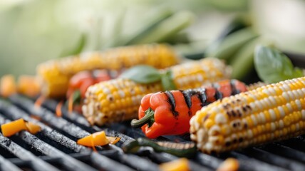 An array of vegetables sizzle and char on a grill grate over a fire.