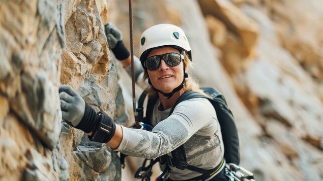 Woman rock climbing with a hightech prosthetic arm, prosthetics, - Powered by Adobe