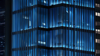 Seamless skyscraper facade with blue tinted windows and blinds at night, modern abstract office building background texture with glowing lights against dark black exterior walls