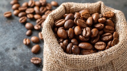 Coffee beans in sack on pale surface