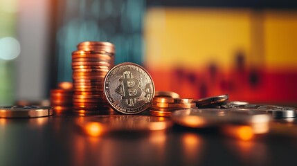 Bitcoin Cryptocurrency Coins Stacked on Table