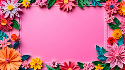Obraz premium Floral frame on pink background, colorful paper spring flowers and leaves wallpaper border for greeting card design for holiday mother's day easter valentine day paper craft quilling