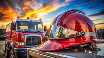 A bright red firefighterâ€™s helmet with reflective strips, set against the backdrop of a fire truck and a smoky sky.