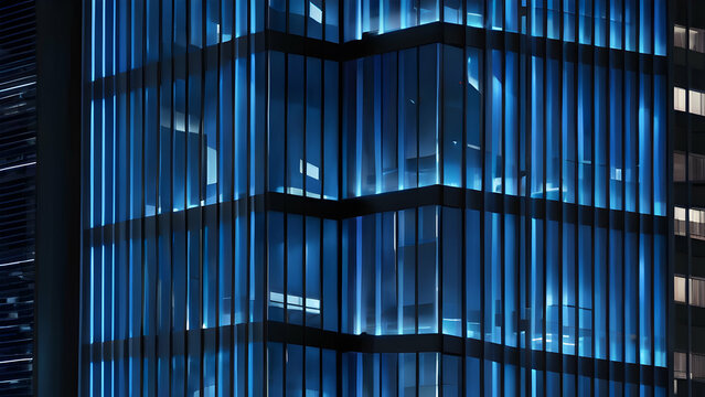 Seamless skyscraper facade with blue tinted windows and blinds at night, modern abstract office building background texture with glowing lights against dark black exterior walls