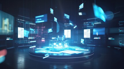 virtual reality setup depicting a live M&A negotiation, with digital documents and data points floating around a virtual round table