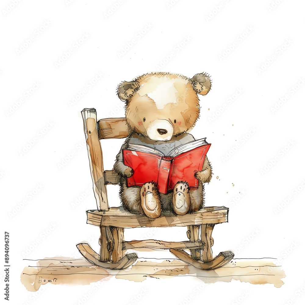 Wall mural cute bear girl sitting on a wooden chair reading a red book watercolor illustration hand drawn artwo