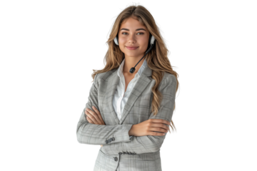 Smiling young female call center agent wearing headset, isolated on transparent background